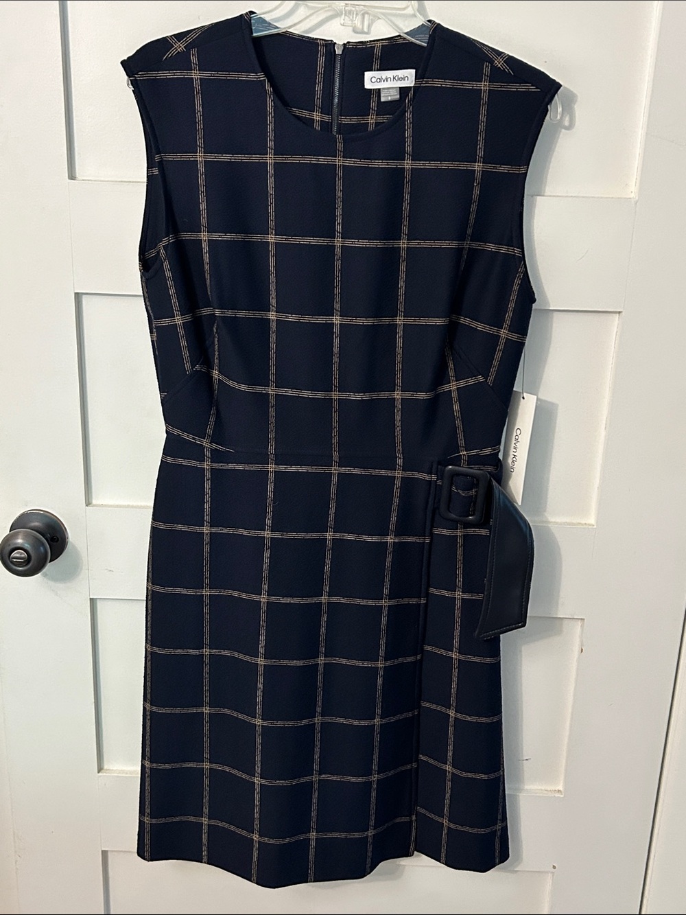 Calvin Klein Navy and Tan Windowpane Belted Sheath Dress